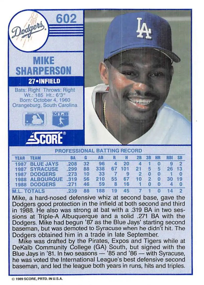 1989 Score #602 Mike Sharperson NM-MT Los Angeles Dodgers Baseball Card - Baseball Card Single