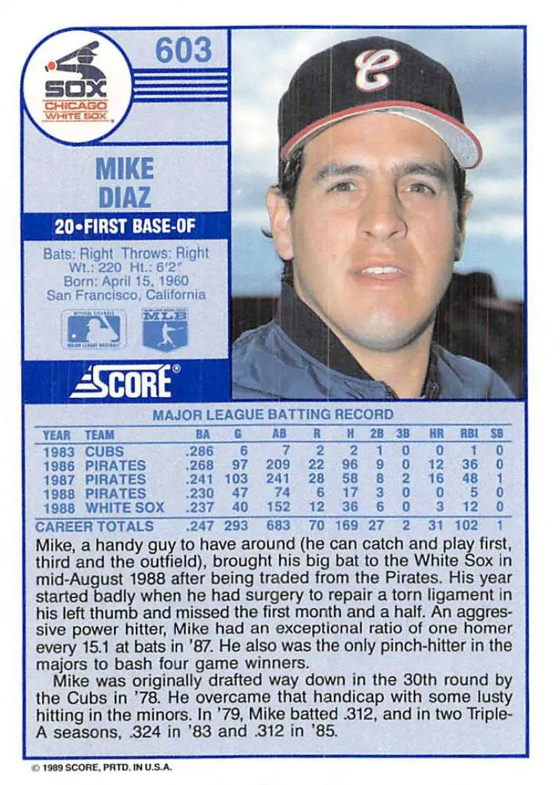 1989 Score #603 Mike Diaz NM-MT Chicago White Sox Baseball Card - Baseball Card Single