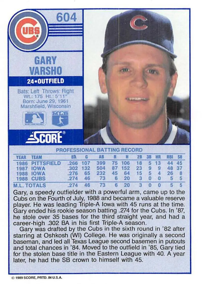 1989 Score #604 Gary Varsho NM-MT Chicago Cubs Baseball Card - Baseball Card Single