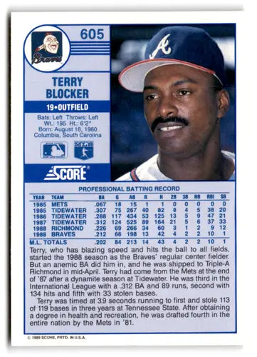 1989 Score #605 Terry Blocker EX/NM RC Rookie Braves ID:66768 - Baseball Card Single