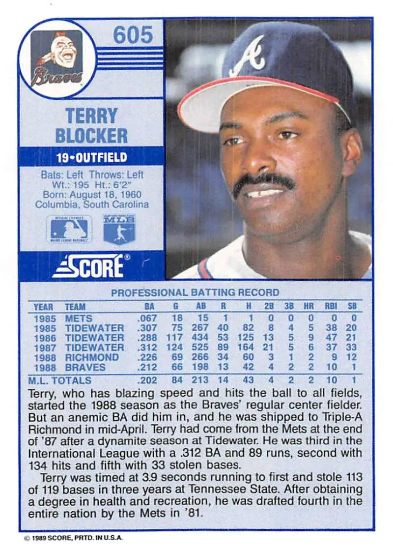 1989 Score #605 Terry Blocker NM-MT RC Rookie Atlanta Braves Baseball Card - Baseball Card Single