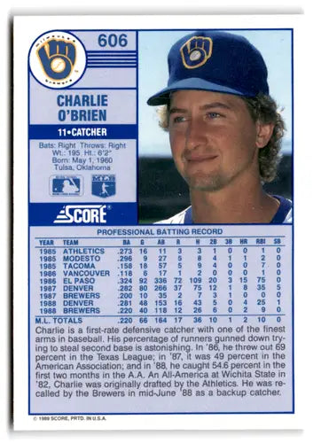 1989 Score #606 Charlie O’Brien EX/NM Brewers ID:66769