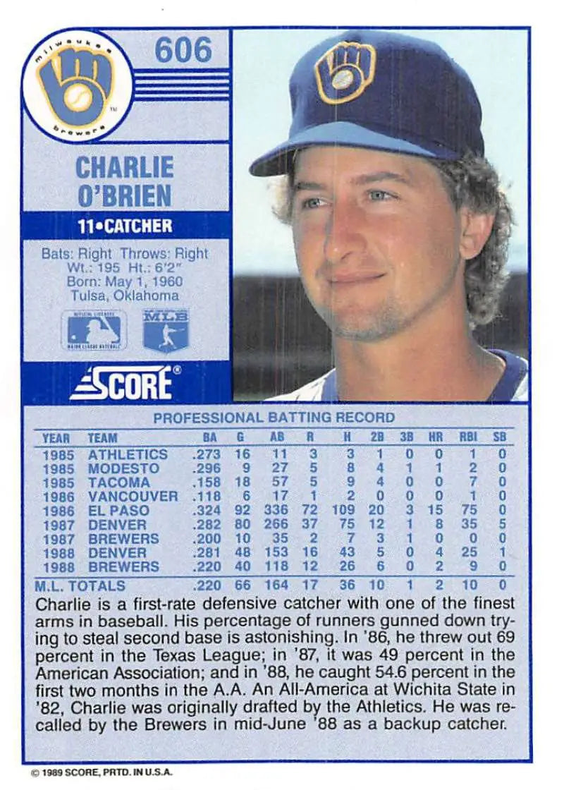 1989 Score #606 Charlie O’Brien NM-MT Milwaukee Brewers Baseball Card - Baseball Card Single
