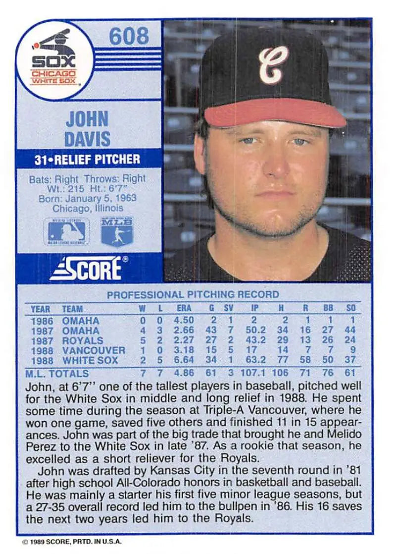 1989 Score #608 John Davis NM-MT Chicago White Sox Baseball Card - Baseball Card Single