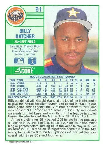 1989 Score #61 Billy Hatcher NM-MT Astros ID:80285 - Baseball Card Single