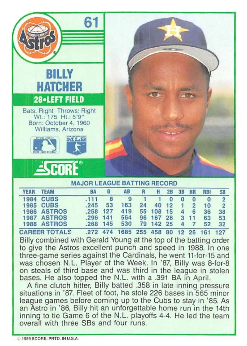 1989 Score #61 Billy Hatcher NM-MT Houston Astros Baseball Card - Baseball Card Single