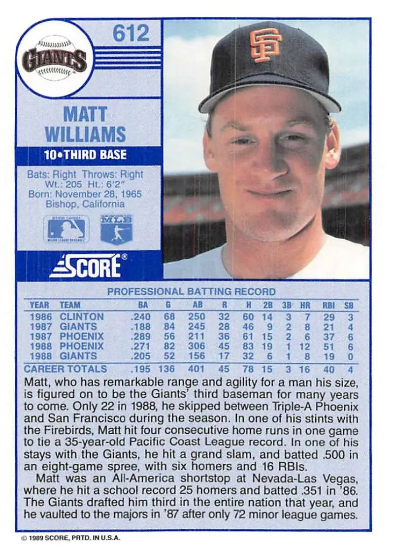 1989 Score #612 Matt Williams NM-MT San Francisco Giants Baseball Card - Baseball Card Single