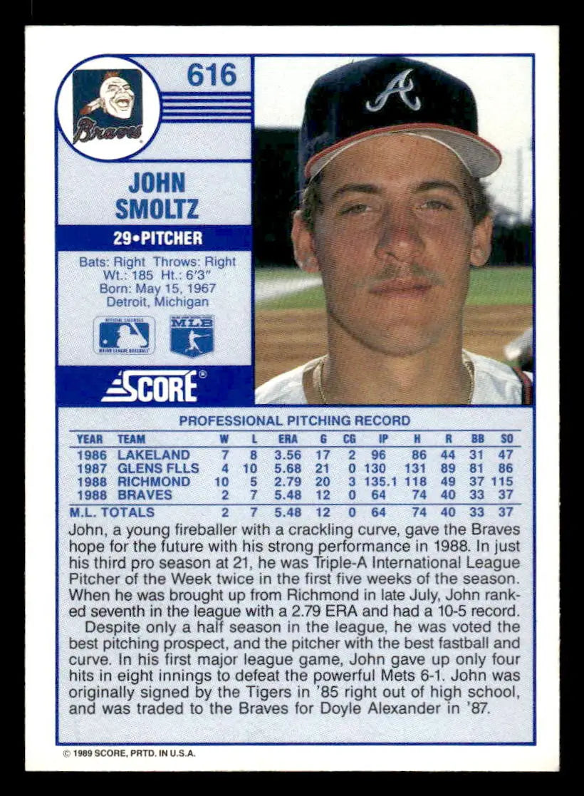 Vintage 1989 Score John Smoltz baseball card featuring Atlanta Braves player