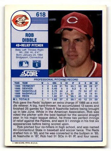 Rob Dibble Cincinnati Reds baseball card from 1989 Score series in EX/NM condition