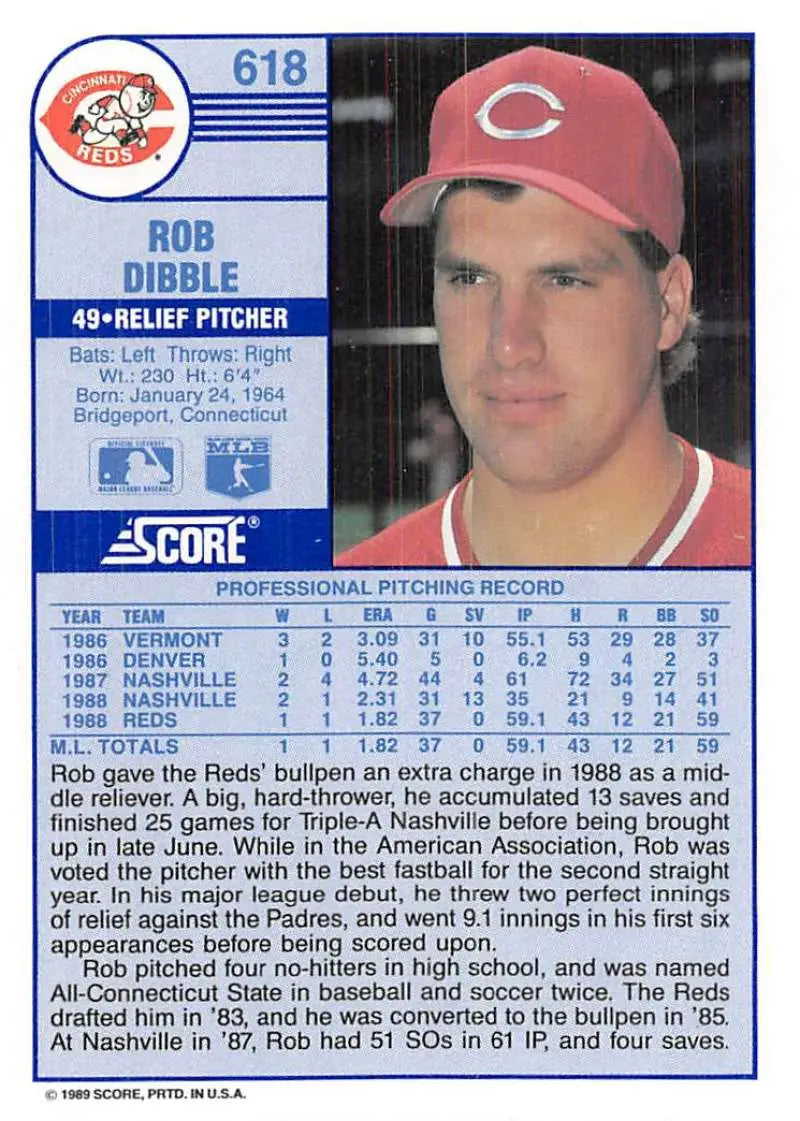 1989 Score #618 Rob Dibble NM-MT RC Rookie Cincinnati Reds Baseball Card - Baseball Card Single