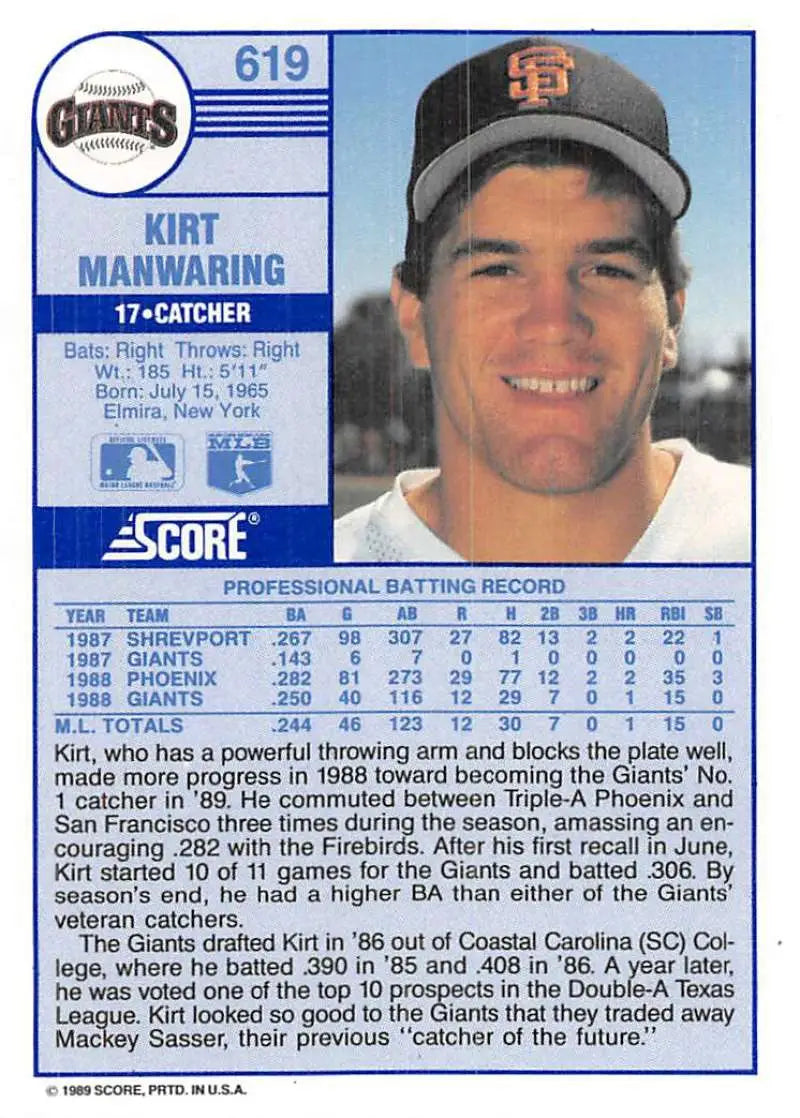 1989 Score #619 Kirt Manwaring NM-MT San Francisco Giants Baseball Card - Baseball Card Single