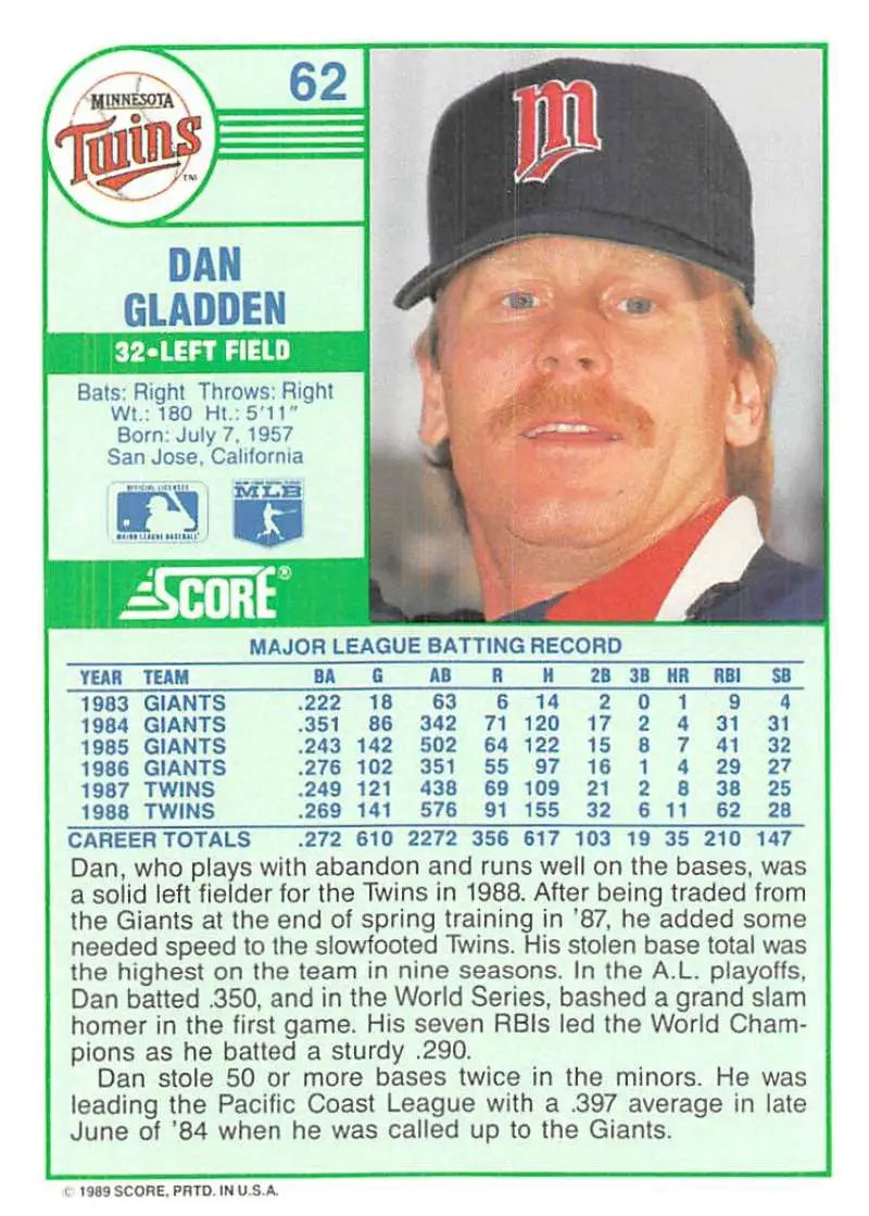 1989 Score #62 Dan Gladden NM-MT Minnesota Twins Baseball Card - Baseball Card Single
