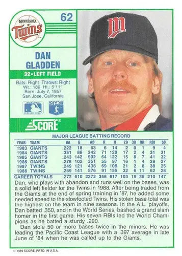1989 Score #62 Dan Gladden NM-MT Twins ID:80268 - Baseball Card Single