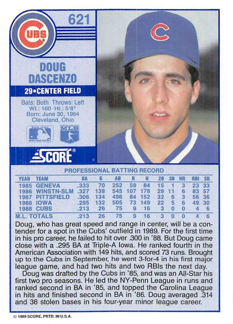 1989 Score #621 Doug Dascenzo NM-MT RC Rookie Chicago Cubs Baseball Card - Baseball Card Single