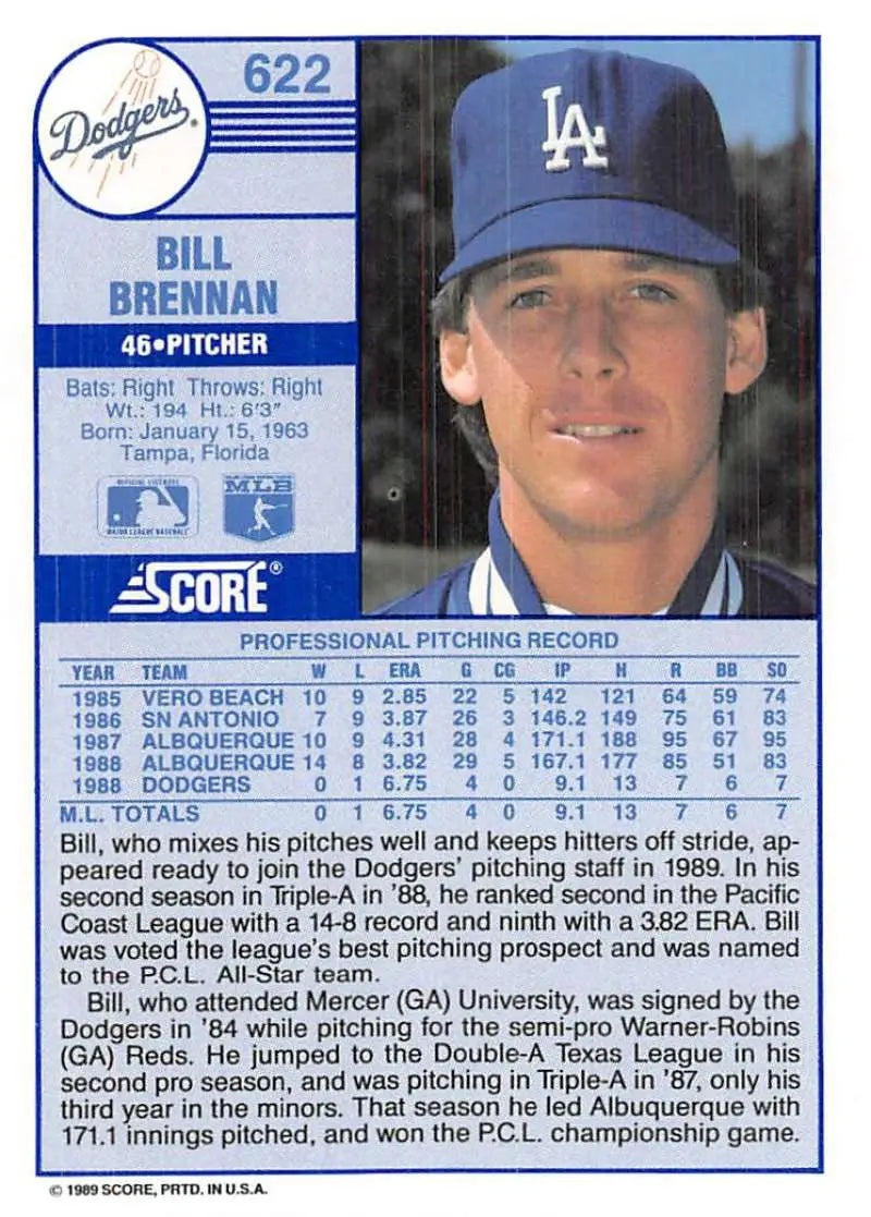 1989 Score #622 Bill Brennan NM-MT RC Rookie Los Angeles Dodgers Baseball Card - Baseball Card Single