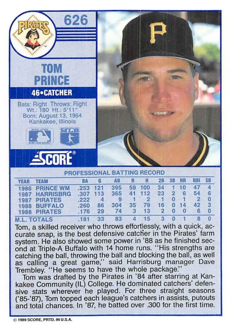 1989 Score #626 Tom Prince NM-MT Pittsburgh Pirates Baseball Card - Baseball Card Single