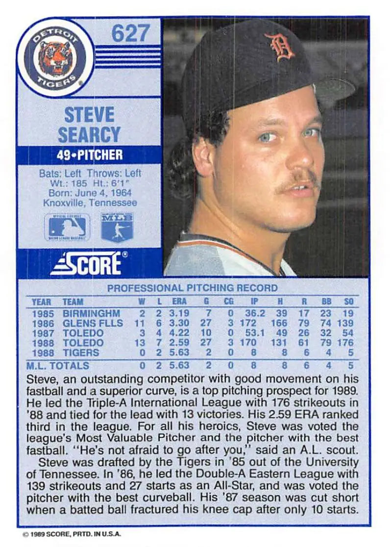 1989 Score #627 Steve Searcy NM-MT Detroit Tigers Baseball Card - Baseball Card Single
