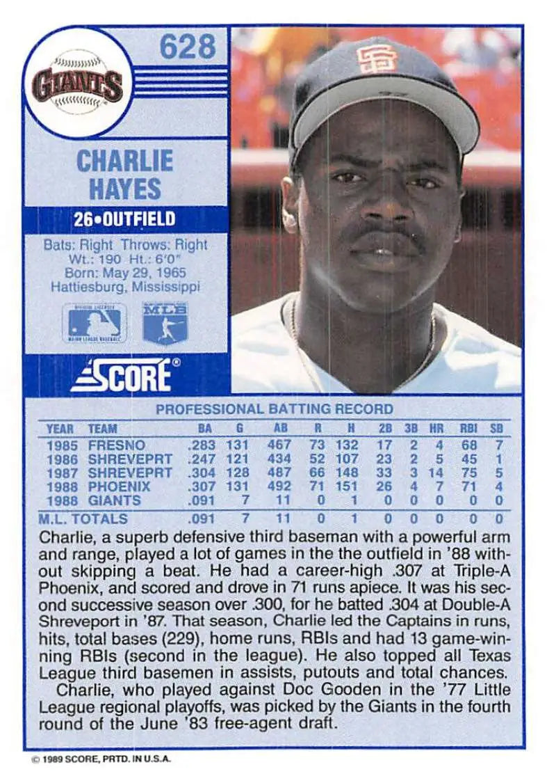 1989 Score #628 Charlie Hayes NM-MT RC Rookie San Francisco Giants Baseball Card - Baseball Card Single