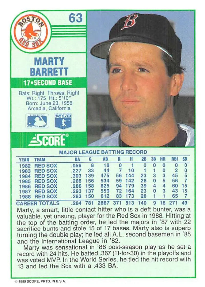 1989 Score #63 Marty Barrett NM-MT Boston Red Sox Baseball Card - Baseball Card Single