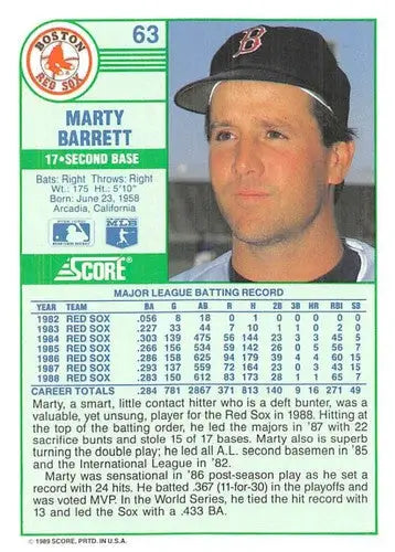 1989 Score #63 Marty Barrett NM-MT Red Sox ID:80227 - Baseball Card Single