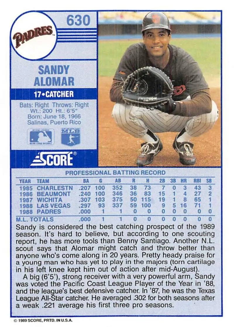 1989 Score #630 Sandy Alomar Jr. NM-MT San Diego Padres Baseball Card - Baseball Card Single