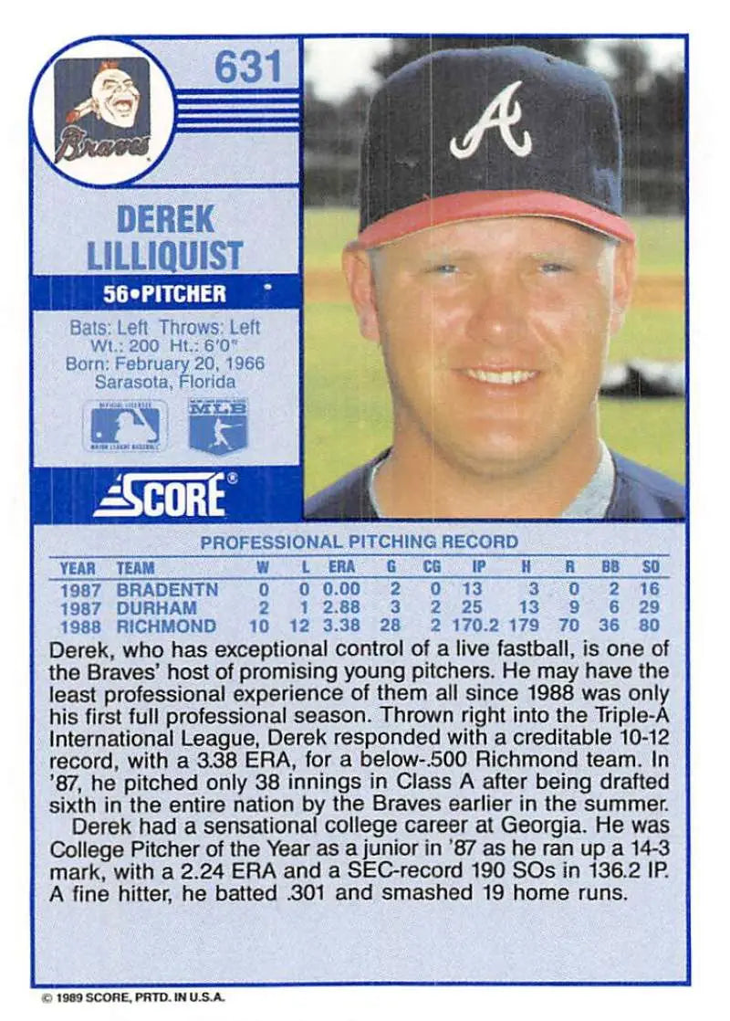 1989 Score #631 Derek Lilliquist NM-MT Atlanta Braves Baseball Card - Baseball Card Single