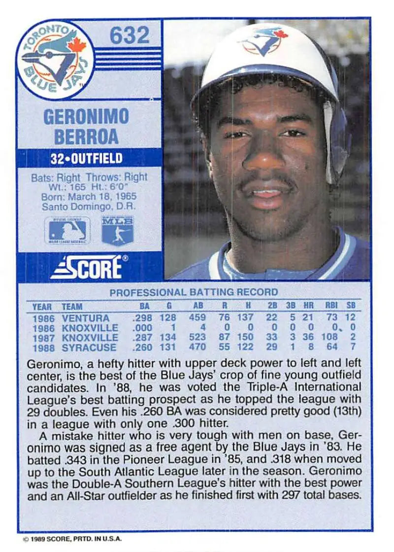 1989 Score #632 Geronimo Berroa NM-MT Toronto Blue Jays Baseball Card - Baseball Card Single