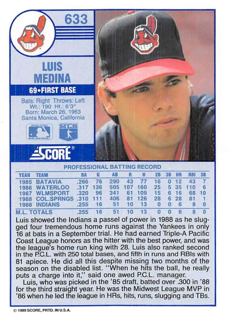 1989 Score #633 Luis Medina NM-MT RC Rookie Cleveland Indians Baseball Card - Baseball Card Single