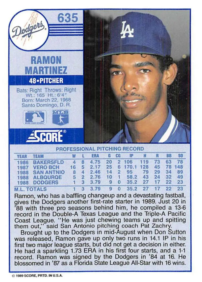 1989 Score #635 Ramon Martinez NM-MT RC Rookie Los Angeles Dodgers Baseball Card - Baseball Card Single