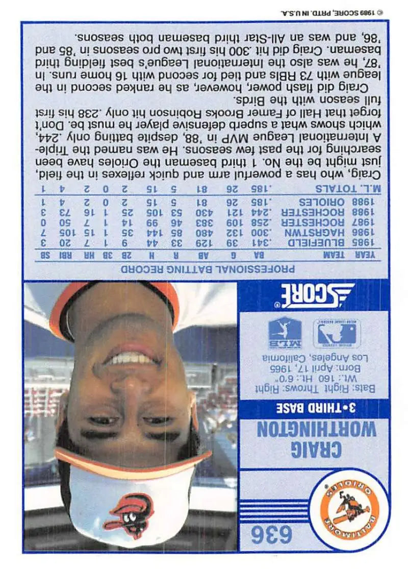 1989 Score #636 Craig Worthington NM-MT Baltimore Orioles Baseball Card - Baseball Card Single