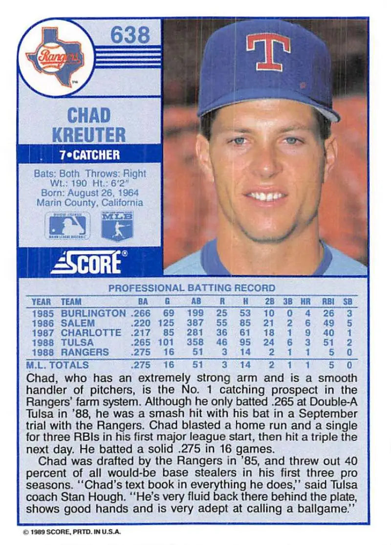 1989 Score #638 Chad Kreuter NM-MT RC Rookie Texas Rangers Baseball Card - Baseball Card Single