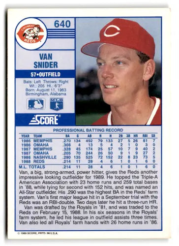1989 Score #640 Van Snider EX/NM Reds ID:66821 - Baseball Card Single