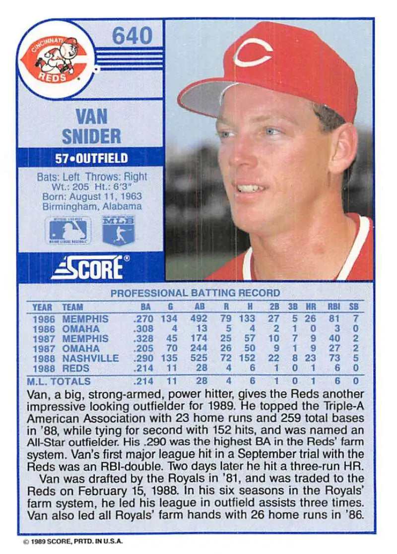 1989 Score #640 Van Snider NM-MT Cincinnati Reds Baseball Card - Baseball Card Single