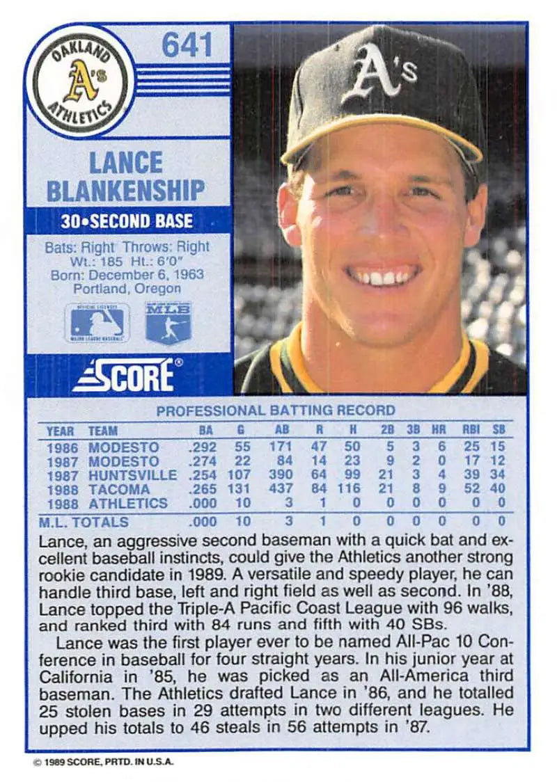 1989 Score #641 Lance Blankenship NM-MT RC Rookie Oakland Athletics Baseball Card - Baseball Card Single