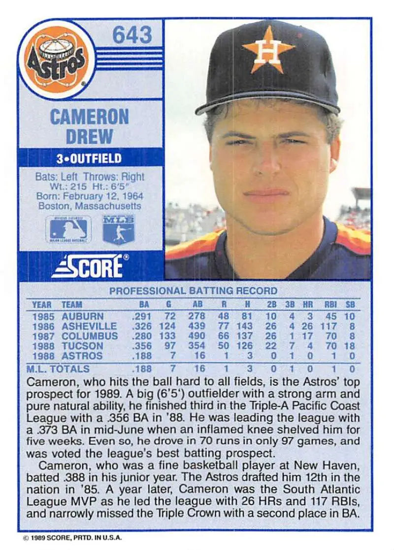 1989 Score #643 Cameron Drew NM-MT RC Rookie Houston Astros Baseball Card - Baseball Card Single