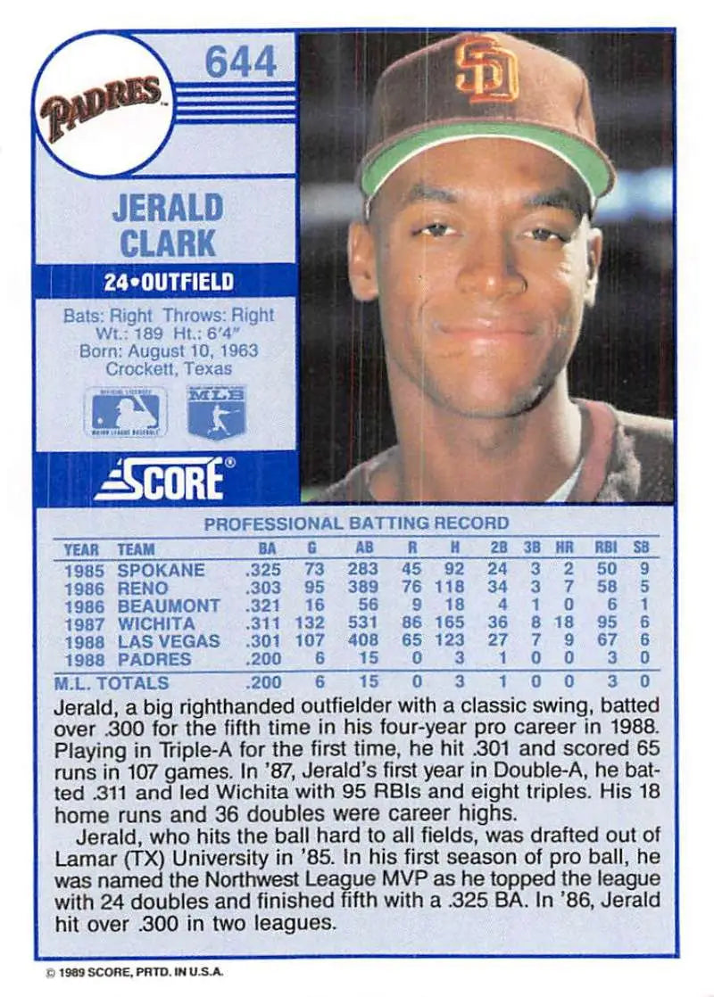 1989 Score #644 Jerald Clark NM-MT RC Rookie San Diego Padres Baseball Card - Baseball Card Single