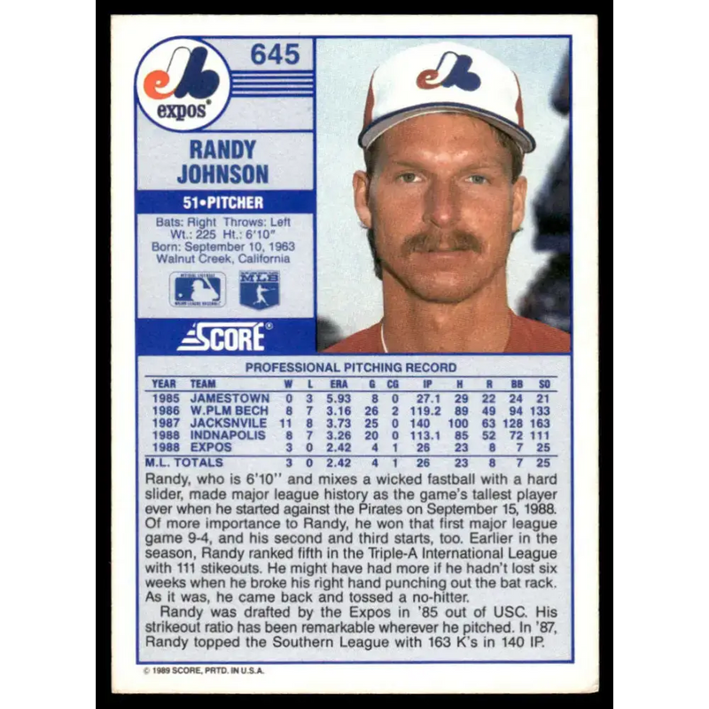 1989 Score #645 Randy Johnson EX/NM Montreal Expos Baseball Card - Baseball Card Single