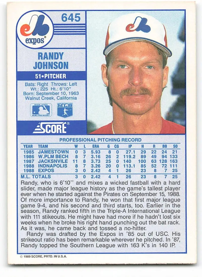 1989 Score #645 Randy Johnson NM-MT RC Rookie Montreal Expos Baseball Card - Baseball Card Single