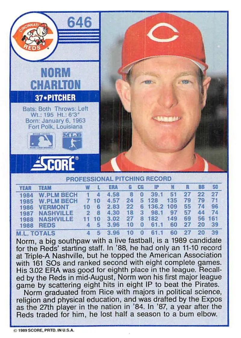 1989 Score #646 Norm Charlton NM-MT RC Rookie Cincinnati Reds Baseball Card - Baseball Card Single