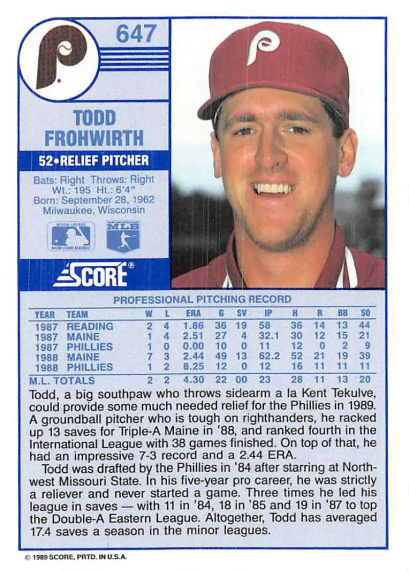 1989 Score #647 Todd Frohwirth NM-MT Philadelphia Phillies Baseball Card - Baseball Card Single