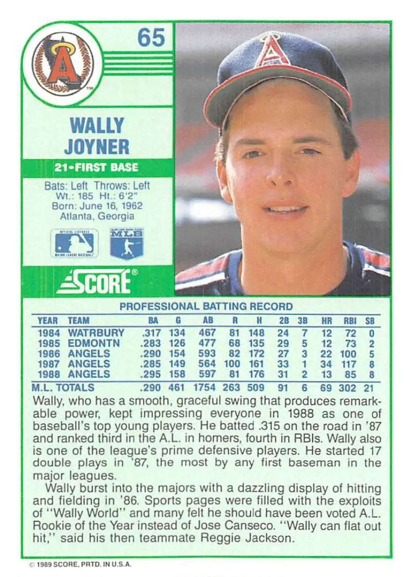 1989 Score #65 Wally Joyner NM-MT California Angels Baseball Card - Baseball Card Single