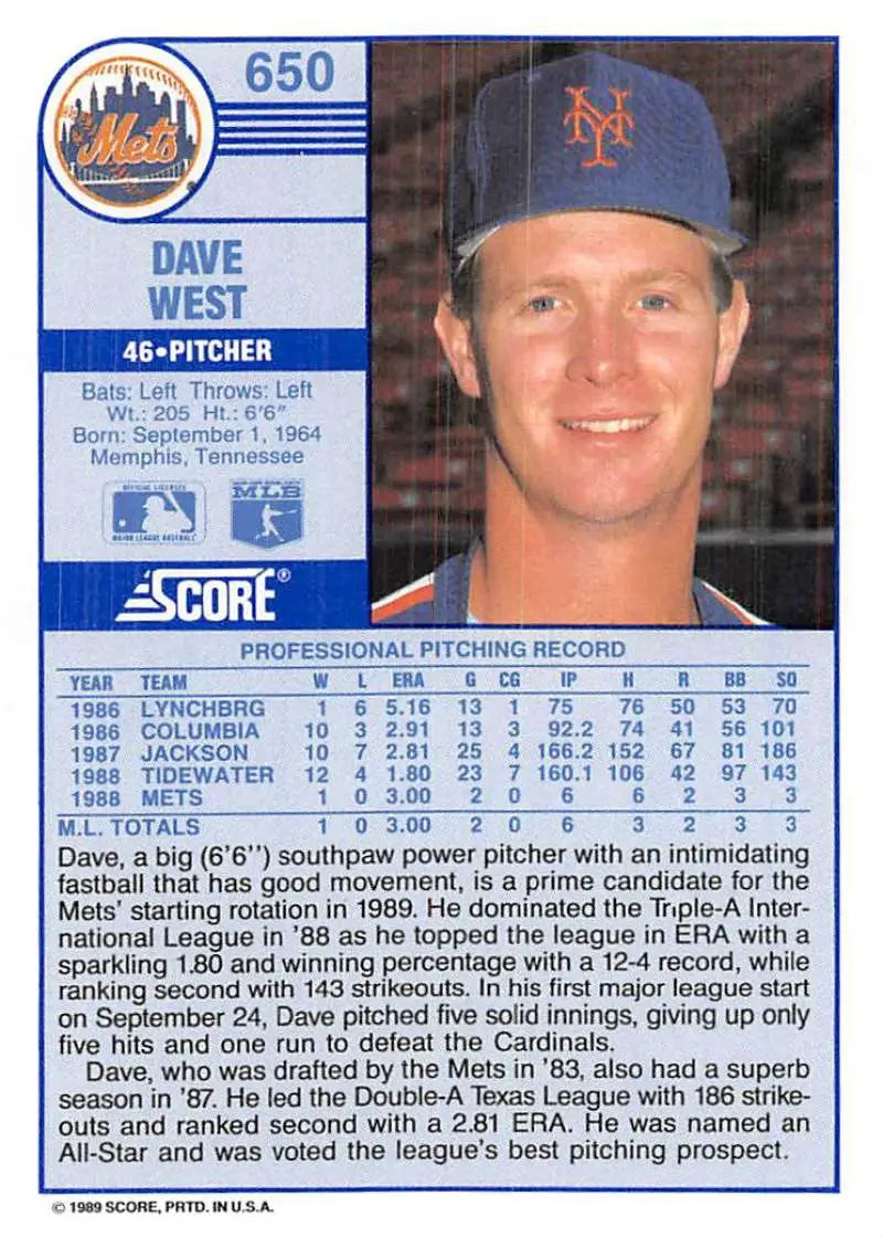 1989 Score #650 David West NM-MT New York Mets Baseball Card - Baseball Card Single