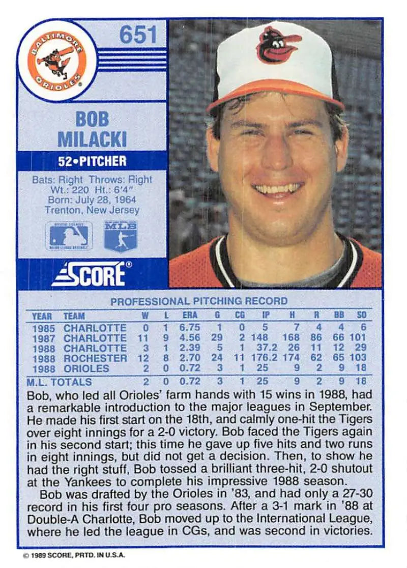 1989 Score #651 Bob Milacki NM-MT RC Rookie Baltimore Orioles Baseball Card - Baseball Card Single