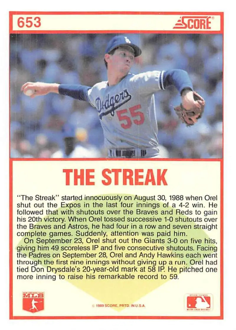1989 Score #653 Orel Hershiser NM-MT Los Angeles Dodgers Baseball Card - Baseball Card Single
