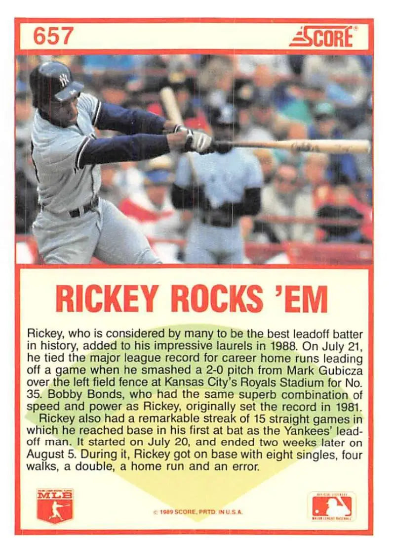 1989 Score #657 Rickey Henderson NM-MT New York Yankees Baseball Card - Baseball Card Single