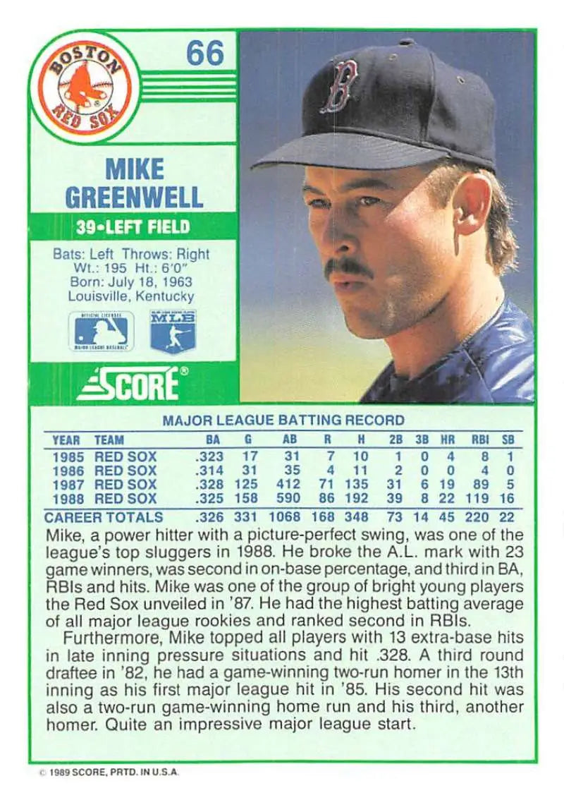 1989 Score #66 Mike Greenwell NM-MT Boston Red Sox Baseball Card - Baseball Card Single