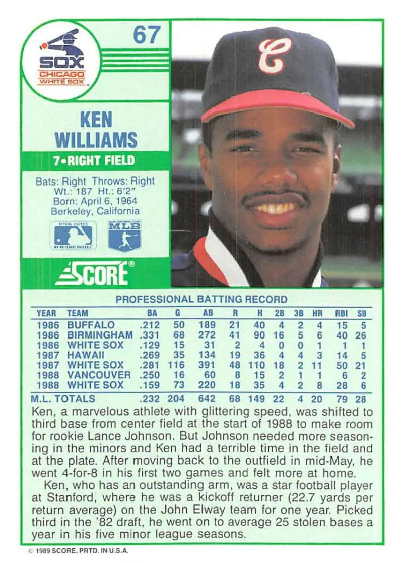 1989 Score #67 Kenny Williams NM-MT Chicago White Sox Baseball Card - Baseball Card Single