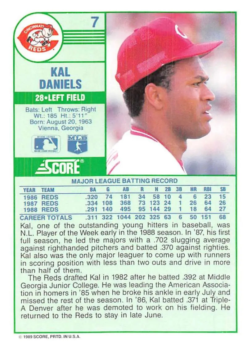 1989 Score #7 Kal Daniels NM-MT Cincinnati Reds Baseball Card - Baseball Card Single