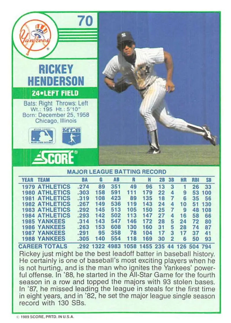 1989 Score #70 Rickey Henderson NM-MT New York Yankees Baseball Card - Baseball Card Single