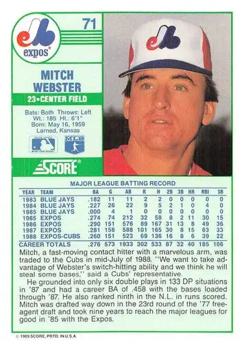 1989 Score #71 Mitch Webster NM-MT Cubs ID:80230 - Baseball Card Single